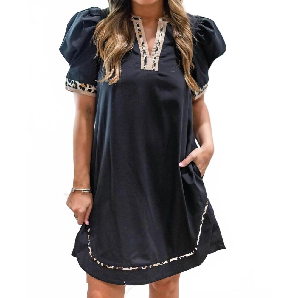 NEW ENTRO leopard shift dress in black animal print trim